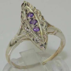 Anello trilogy unico in argento sterling 925 con ametista naturale, stile vintage - Prodotto in Inghilterra - Personalizzabile