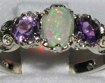 English 925 Sterling Silver Colorful Opal & Amethyst Anniversary Vintage Style Ring, 3 Stone Trilogy Band - Customizable