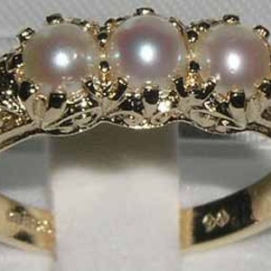 Solid 14K Gold Freshwater Pearl Trilogy Ring | English Art Nouveau Design Ring