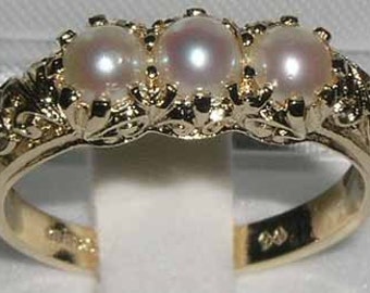 Solid 14K Gold Freshwater Pearl Trilogy Ring | English Art Nouveau Design Ring