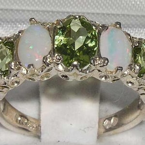 Massiver 925 Sterling Silber Natur Peridot & Opal Ring, Englisch Antique Design Half Eternity Band -Anpassbar