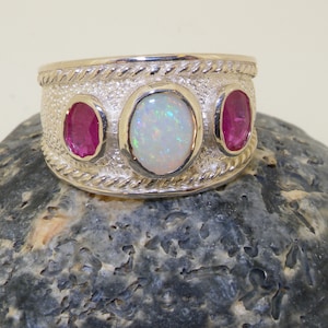 Contemporary 925 Sterling Silver Natural Opal & Ruby Trilogy Ring | Heavyweight Ring | Wide Ethnic Ring | Band Ring - Made in England