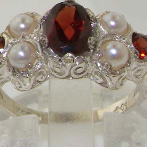 Gorgeous Natural Garnet & Pearl Solid English 925 Sterling Silver Victorian Style Unique Promise Ring - Made in England - Customizable shops