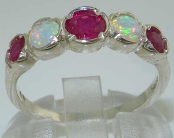 English 925 Sterling Silver Natural Ruby & Opal Dainty Wave Eternity Band, 5 Stone Anniversary Ring - Customizable