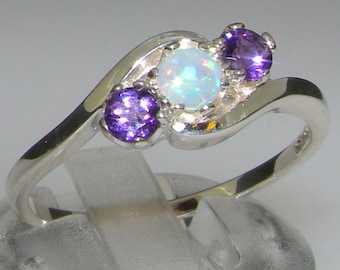 Silver or White Gold Natural Opal & Amethyst Womens Trilogy Ring - Customizable Platinum,9K,10K,14K,18K Yellow, Rose or White Gold