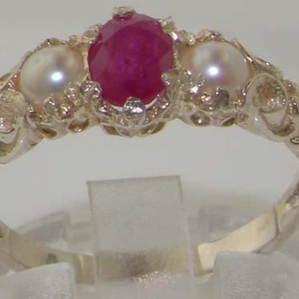 Silver or  White Gold Ruby Pearl Trilogy Vintage Style Ring 9k, 10k, 14k, 18k available