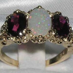 Solid 9K Yellow Gold Natural Colorful Opal & Rhodolite Garnet 3 Stone Trilogy Ring, English Victorian Style Carved Ring - Customizable