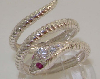 Massiver 925 Sterling Silber Natürlicher Rubin & Diamant Schlangen-Band-Wickelring - Individuell einstellbar: Platin, 9K, 10K, 14K, 18K
