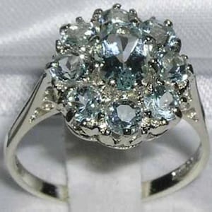 Solid 10K White Gold Natural Aquamarine Engagement Ring, English Antique Design Floral Ring, Cluster Flower Ring - Customize:14K,18K