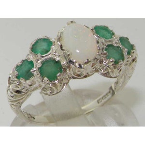 Luxury Opal & Emerald Solid English 925 Sterling Silver Victorian Style Unique Promise Ring -  Made in England - Customizable
