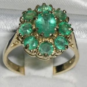 Anillo de oro amarillo de 9 quilates con esmeralda natural, estilo antiguo inglés, anillo de flor en racimo