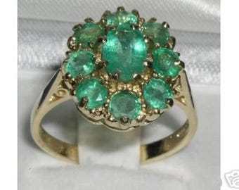9K Yellow Gold Natural Emerald English Antique Style Ring, Cluster Flower Ring
