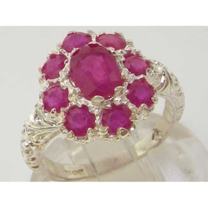 925 English Sterling Silver Natural Ruby Cluster Flower Ring, Victorian Style Carved Ring - Made in England -Customizable