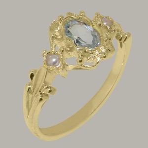 14k Yellow Gold Natural Aquamarine & Pearl Womens Trilogy Ring - Customizable 9K,10K,14K,18K Yellow, Rose or White Gold or Platinum