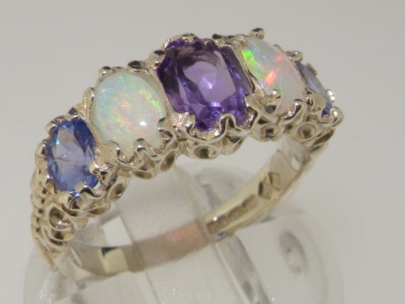 Solid 925 Hallmarked Sterling Silver Natural Opal & Amethyst Eternity Ring