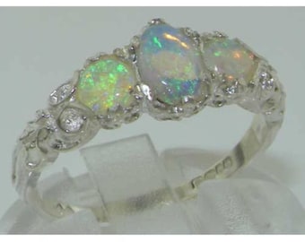 Stunning! Solid 925 Sterling Silver Natural Australian Opal Trilogy Vintage Style Ring - Made in England - Antique Victorian Vintage Style