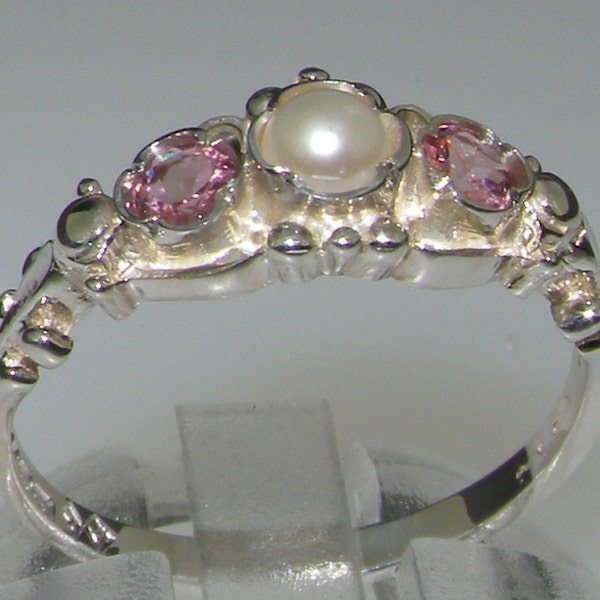 Bague en argent sterling avec perle et tourmaline rose - Conception trilogie géorgienne
