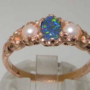 Rose Gold Blue Opal Triplet & Pearl Trilogy Vintage Style Ring | Victorian Inspired Trilogy Ring | Choose from 9K, 10K, 14K or 18K Rose Gold