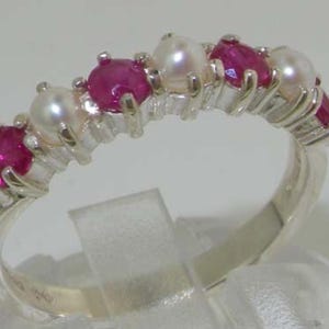 Sterling Silver Pearl & Ruby Womens Half Eternity Ring - Customizable Platinum, Palladium, 9K, 10K, 14K, 18K Yellow, Rose or White Gold