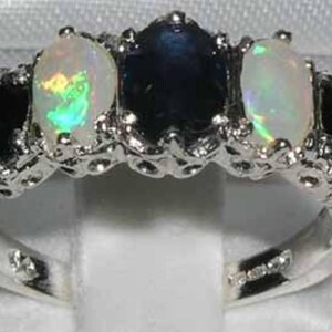 Victorian Sterling Silver Opal and Sapphire Ring – Handmade in England