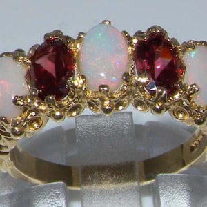 10k Yellow Gold Natural Opal & Rhodolite Garnet Ornate Victorian Inspired Five Stone Ring | Natural Australian Opals | Rhodolite Garnets