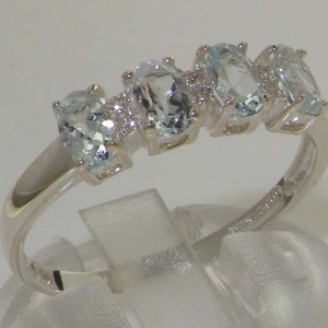 Contemporary 6 Stone Diamond & 4 Stone Aquamarine 925 Sterling Silver Ring- Made in England - Customize:Platinum,9K,10K,14K,18K Gold