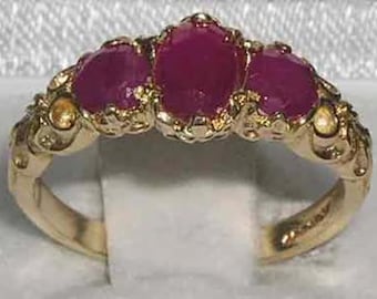 Solid 18K or 14K Yellow Gold Natural Ruby Trilogy Ring | Victorian Inspired Antique Design | Gold Trilogy Ring