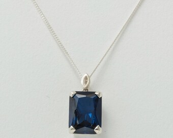 Sterling Silver 16x12mm Octagon Cut Lab Created Blue Sapphire Solitaire Pendant and Chain, Necklace
