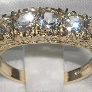 Large Solid 9K 9ct Yellow Gold Natural Aquamarine Scroll Deco Ring, English Vintage Style Eternity Band, Anniversary Ring - Customizable
