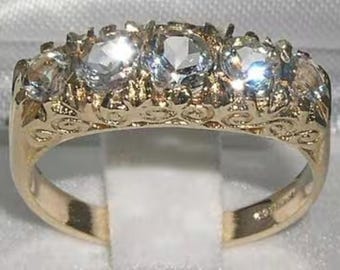Anillo grande de oro amarillo macizo de 9 quilates con aguamarina natural, diseño de pergamino, estilo vintage inglés, anillo de aniversario personalizable.