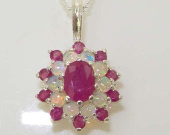 Luxury 9K White Gold Natural Ruby & Colourful Opal Ornate Vibrant 3 Tier Cluster Flower Pendant Necklace - Made in England