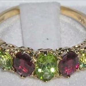 14K Yellow Gold Natural Peridot & Almandine Garnet Unique Eternity Band Ring -Made in England- Customize:14K,18K,Yellow,Rose,White Gold