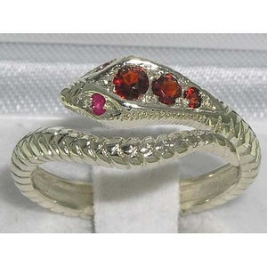 Solid 925 Sterling Silver Natural Natural Garnet & Ruby Snake Ring, English Design Serpent Ring - Customizable