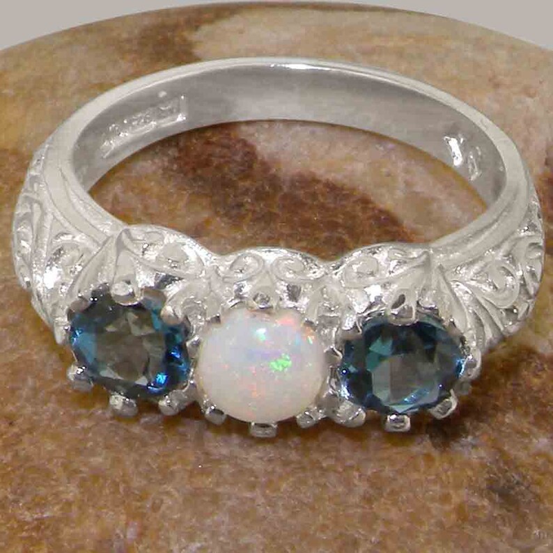 925 Sterling Silver Natural Opal & London Blue Topaz Womens Trilogy ...