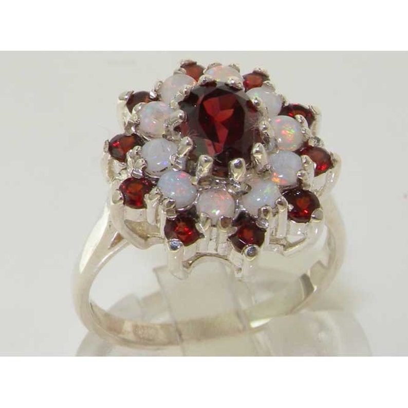 English Vintage Design Ring Customizable Solid 925 Sterling Silver Natural Garnet /& Colorful Opal Large 3 Tier Cluster Flower Ring