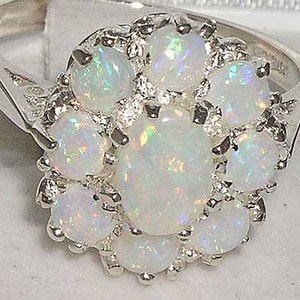 9K White Gold Natural Colorful Opal English Antique Style Ring, Floral Cluster Anniversary Ring - Made in England -Customizable