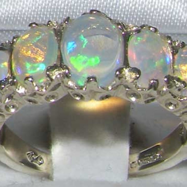 Sterling Silver Natural Australian Opal Ring - Made in England - Customize in Platinum, Palladium 9K, 10K, 14K,18K Yellow, Rose, White Gold