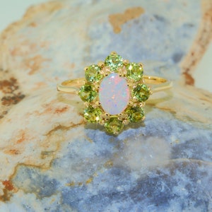 Yellow Gold Opal and Peridot Flower Ring | Natural Australian Opal and Natural Peridots |Classic Design Ring | Select from 9K, 10K, 14K, 18K