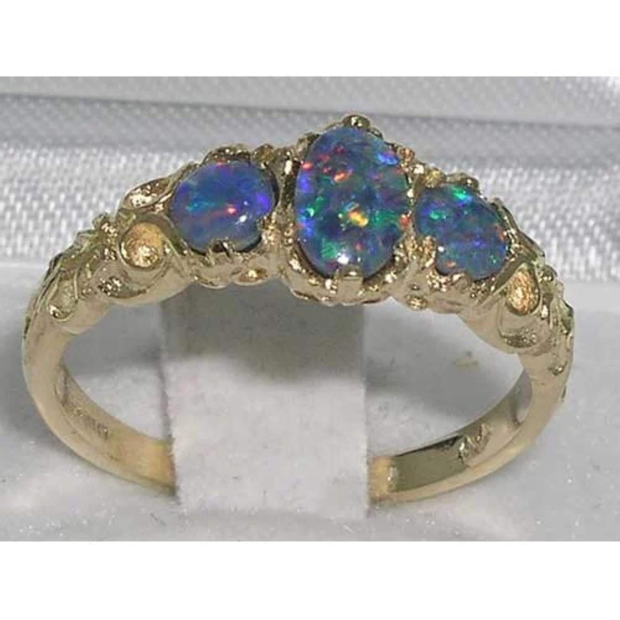 English Solid 10k Yellow Gold Opal Triplet Womens Trilogy Ring - Customizable 9K,English Solid 10k,14K,18K Yellow, Rose or White Gold