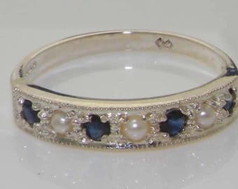 Luxury Solid 925 Sterling Silver Freshwater Pearl & Blue Sapphire  Ring, 7 stone Half Eternity Ring - Customize:9K,10K,14K,18K