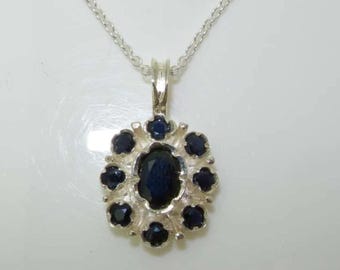Solid 375 9K White Gold Natural Dark Blue Sapphire Dainty Cluster Flower Pendant Necklace - Made in England