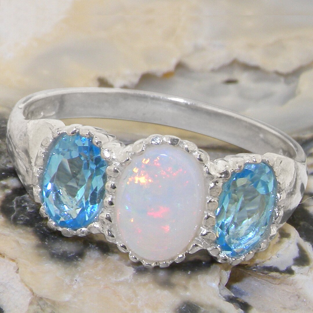 925 Sterling Silver Natural Opal & Blue Topaz Womens Trilogy Ring ...