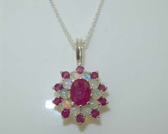 Luxury Large 925 Sterling Silver Ornate Vibrant Natural Ruby & Colorful Opal 3 Tier Cluster Flower English Classic Pendant Necklace