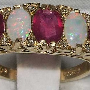 9K Yellow Gold Ruby, Colorful Opal with Eight Diamond Large Eternity Ring,  Scroll Carving Vintage Design Ring