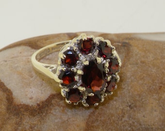 9K White Gold Natural Garnet Engagement Ring, English Antique Style Floral Ring, Cluster Flower Ring - Made in England -Customize:14K,18K