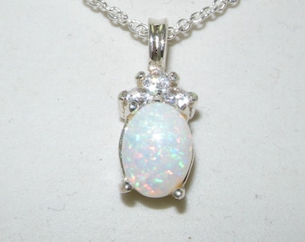 9K White Gold Natural Australian Opal & Diamond Pendant and Necklace - Made in England