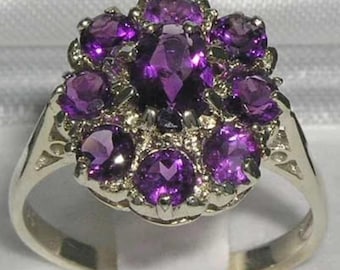 Sterling Silver Amethyst Flower Ring, English Antique Style