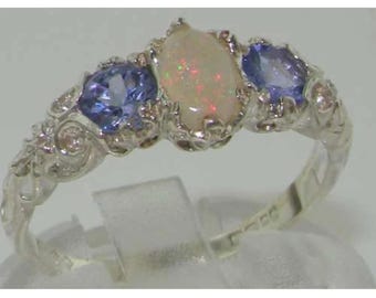 925 Sterling Silver Natural Australian Opal & Tanzanite Trilogy Ring, Victorian Inspired Three Stone Ring, Promise, Engagement, Wedding