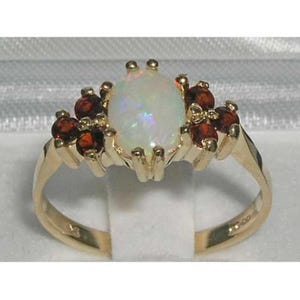 Elegant 14K Yellow Gold Oval Natural Colorful Opal with Garnet Accent Solitaire Style Ring, English Design  Ring - Customizable