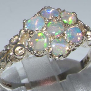 White Gold Natural Australian Opal Ring | Cluster Daisy Flower Ring | Select from 9K, 10K, 14K or 18K White Gold